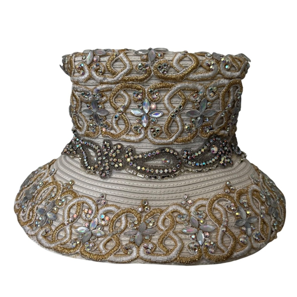 Vintage Shellie McDowell Heavily Embellished Gold Cream Lace Church Dress Hat